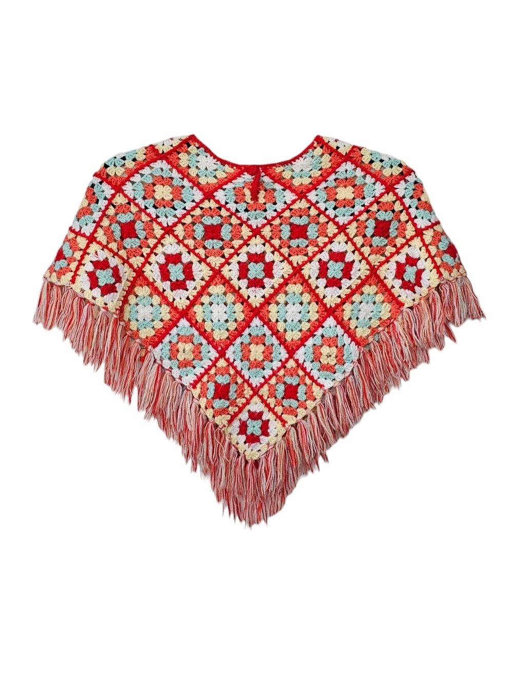 Hand Crocheted Multi-coloured Granny Squares Frilled Poncho Boho girls 6 - 8